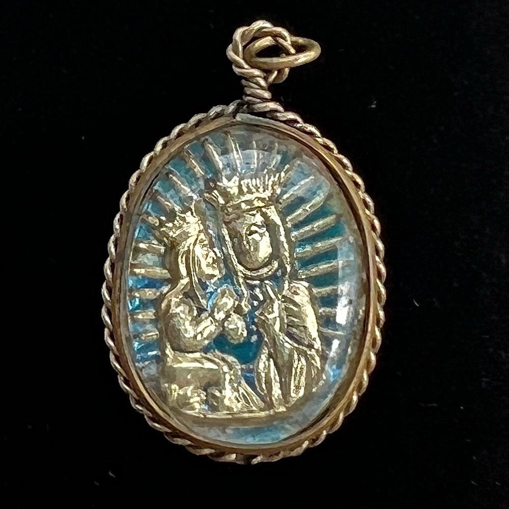 VTG Religious Pendant Oval Mercury Glass Double Sided St. Anne St. Anne Basilica
